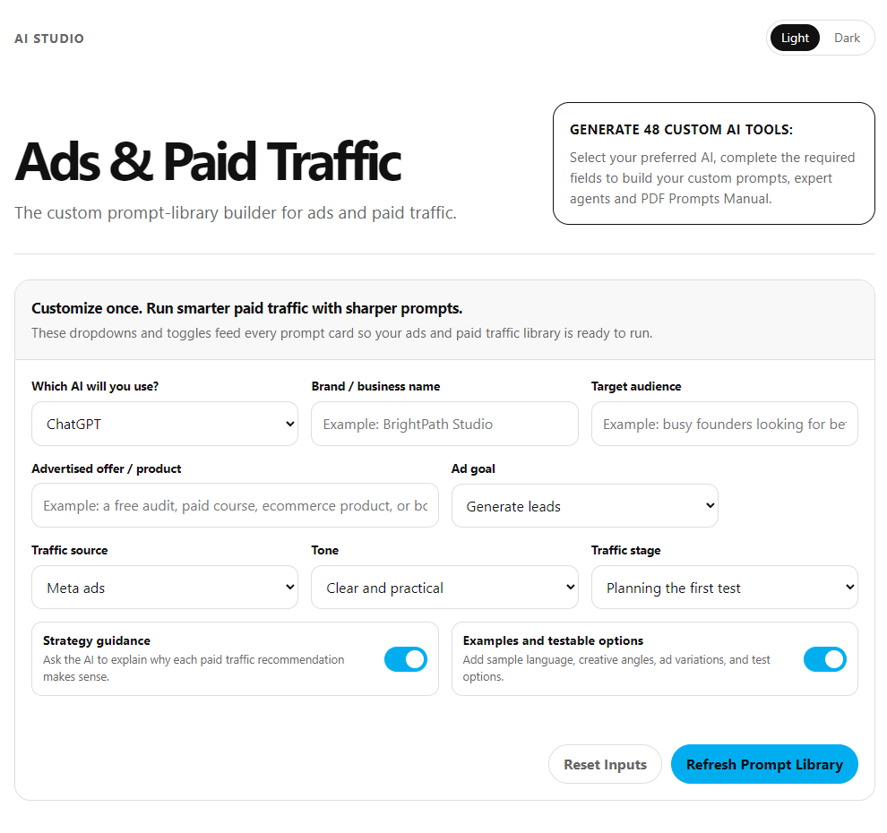 Ads & Paid Traffic AI Studio interface screenshot