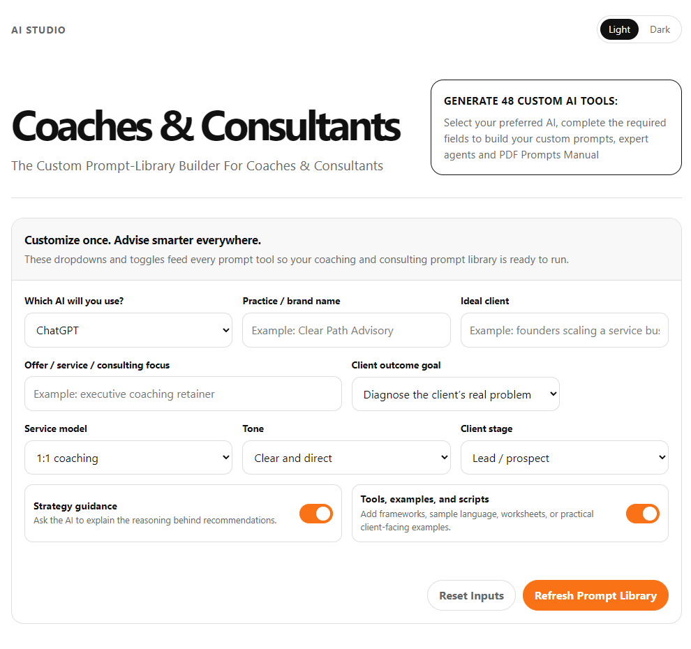 Coaches & Consultants AI Studio interface screenshot