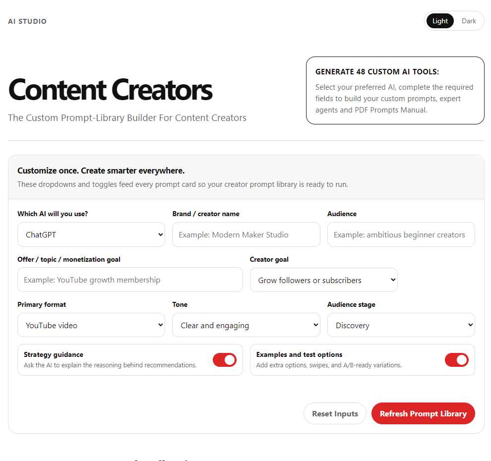 Content Creators AI Studio interface screenshot