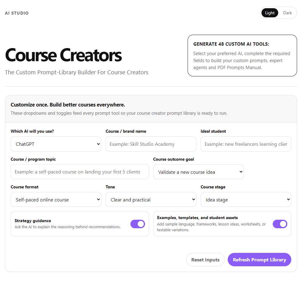 Course Creators AI Studio interface screenshot