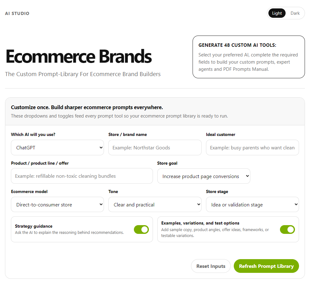 Ecommerce Brands AI Studio interface screenshot