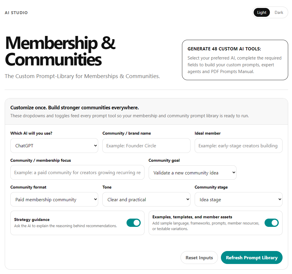 Membership & Communities AI Studio interface screenshot