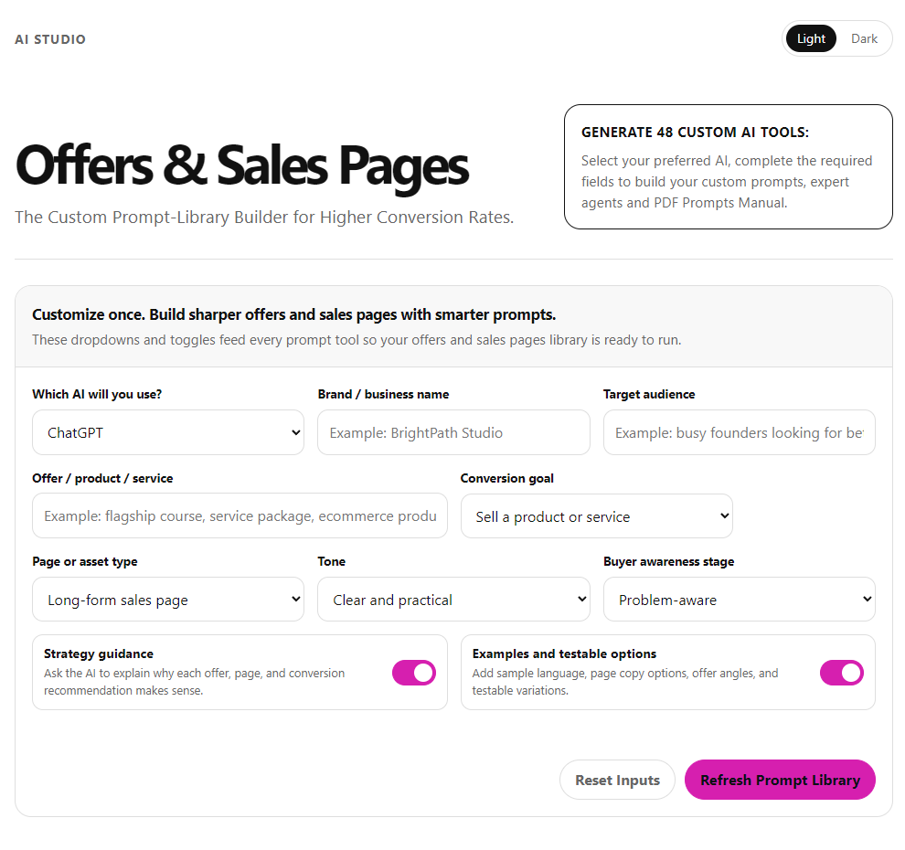 Offer & Sales Page AI Studio interface screenshot