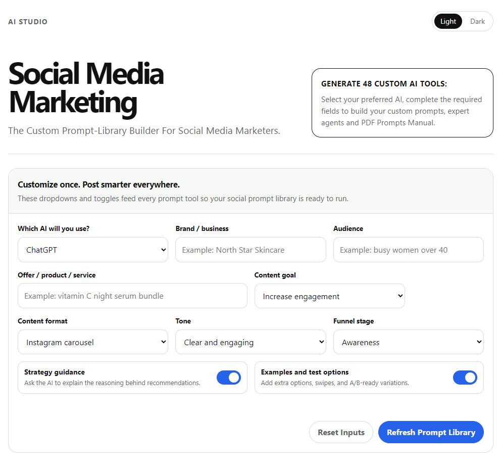 Social Media Marketing AI Studio interface screenshot